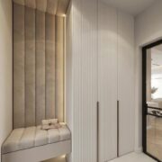 Modern Entryway Wardrobe with Fluted Panel Doors and Upholstered Bench