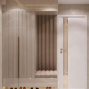 Modern Hallway Storage with Fluted Details and Upholstered Bench