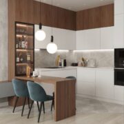 Contemporary Kitchen with Integrated Dining and Bar Display