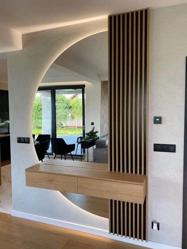 MODERN CONSOLE WITH LED ACCENT AND SLATTED WOOD DESIGN